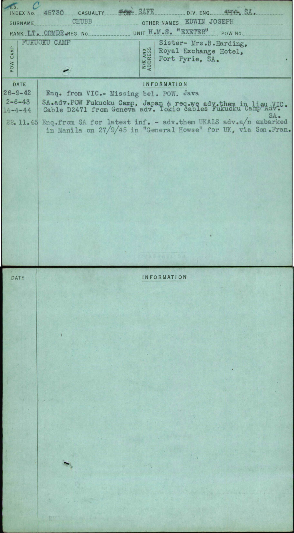 Chubb, Edwin Joseph, [No Service Number]