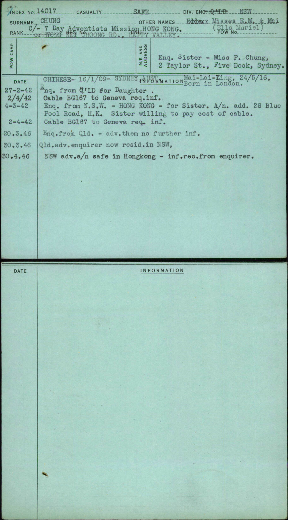 Chung, Misses E M &amp; Mei (Ella Muriel), [No Service Number]
