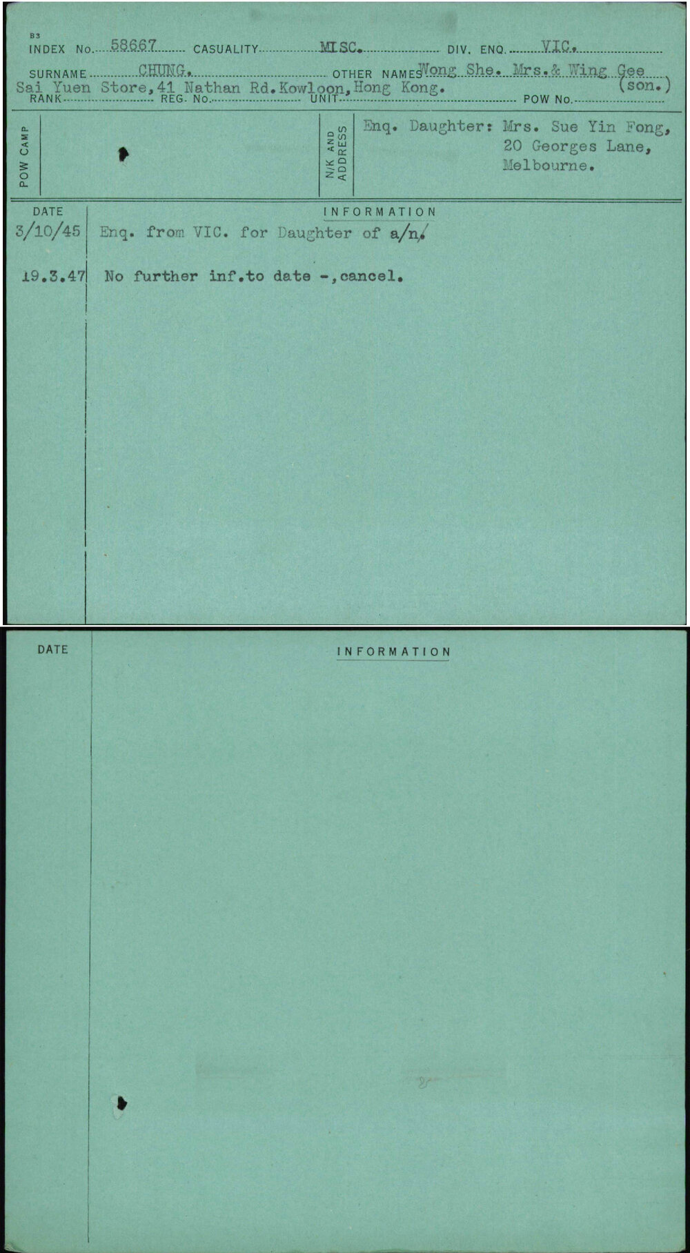 Chung, Wong She Mrs &amp; Wing Gee (Son), [No Service Number]