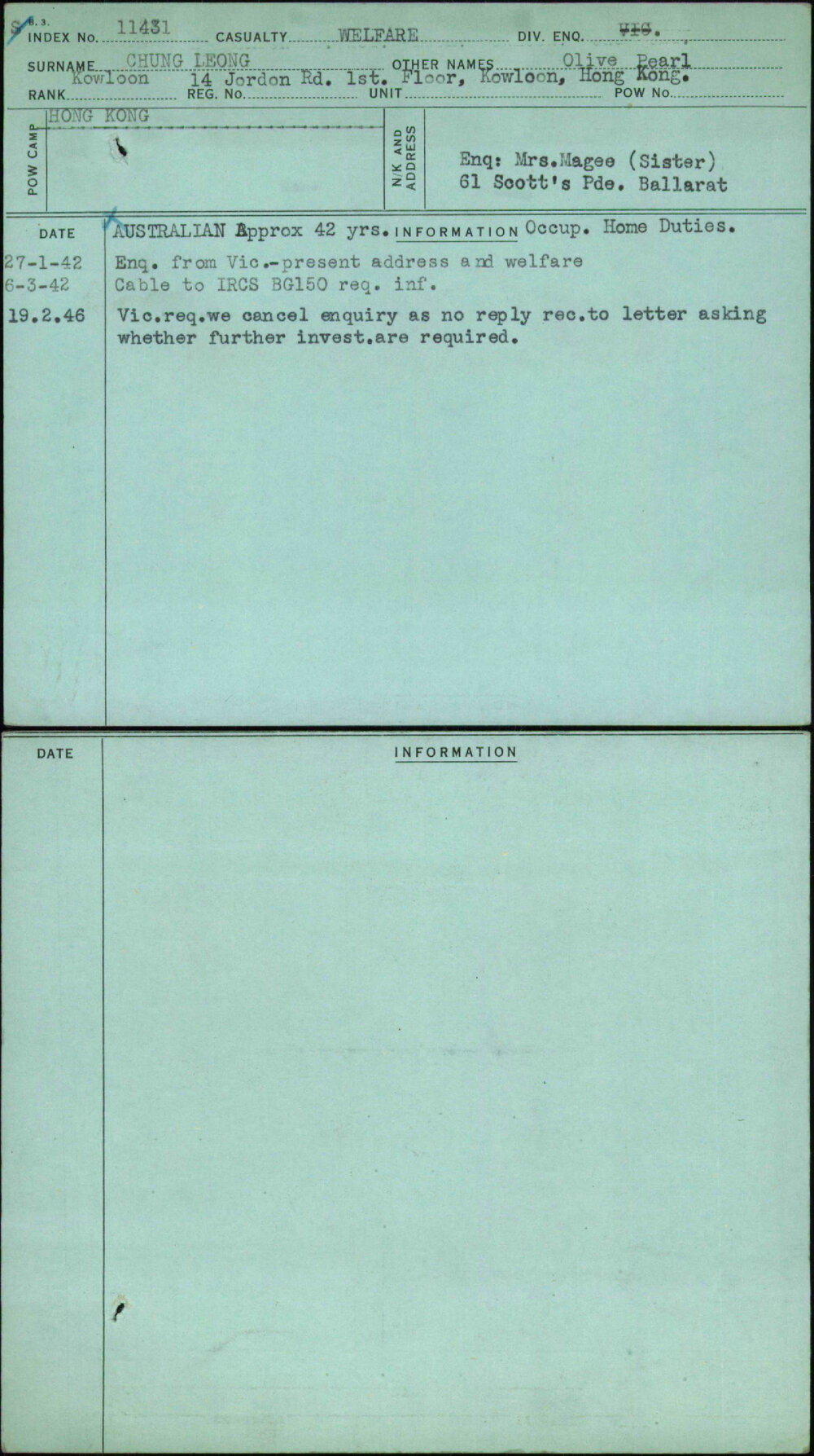 Chung Leong, Olive Pearl, [No Service Number]