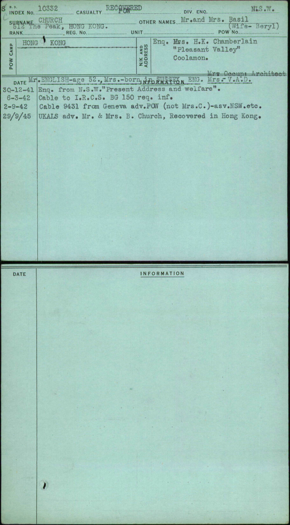 Church, Mr And Mrs Basil (Wife-Beryl), [No Service Number]