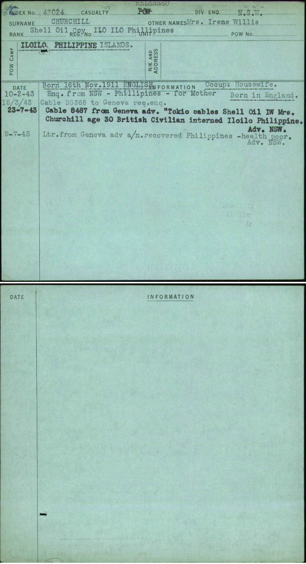Churchill, Mrs Irene Willis, [No Service Number]