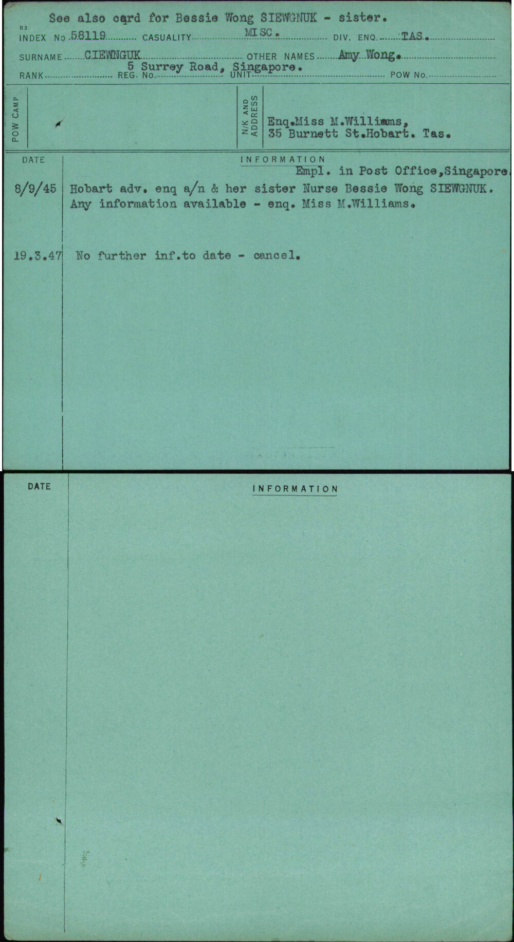 Ciewnguk, Amy Wong, [No Service Number]