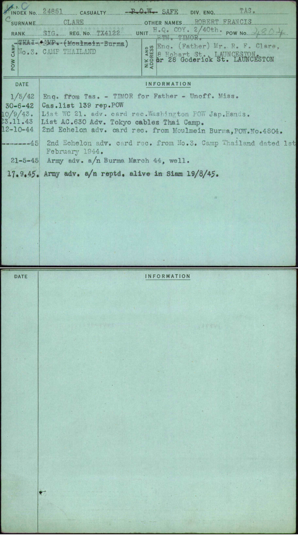 Clare, Robert Francis, TX4122