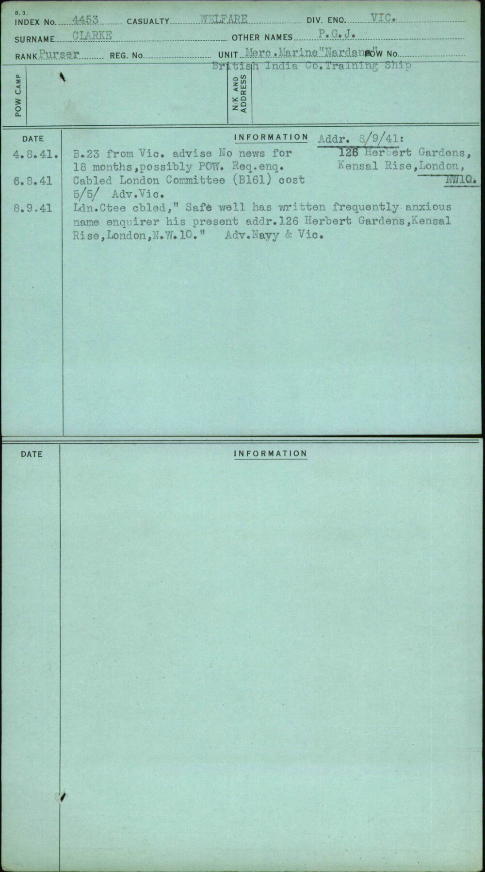 Clarke, P G J, [No Service Number]