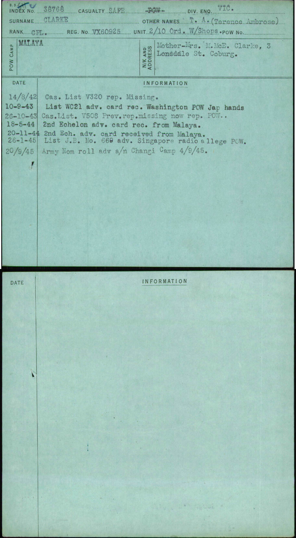 Clarke, T A (Terence Ambrose), VX60925