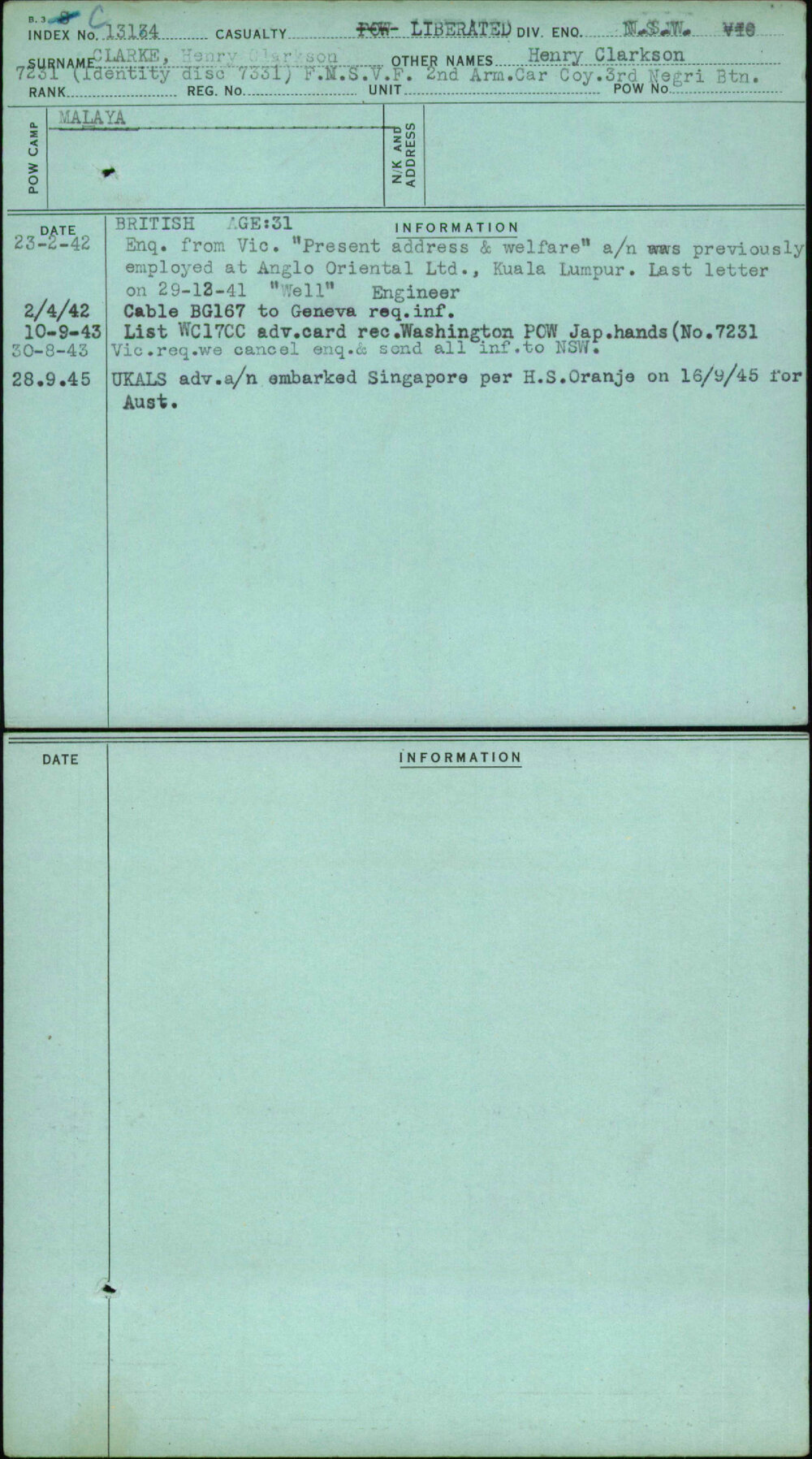 Clarke Henry Clarkson, Henry Clarkson, [No Service Number]