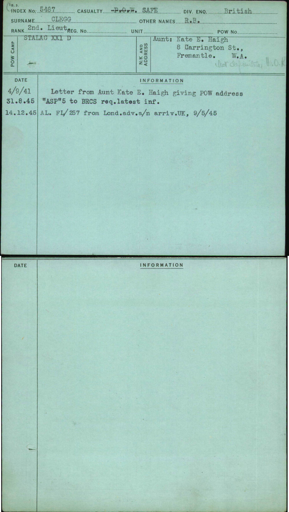 Clegg, R B, [No Service Number]