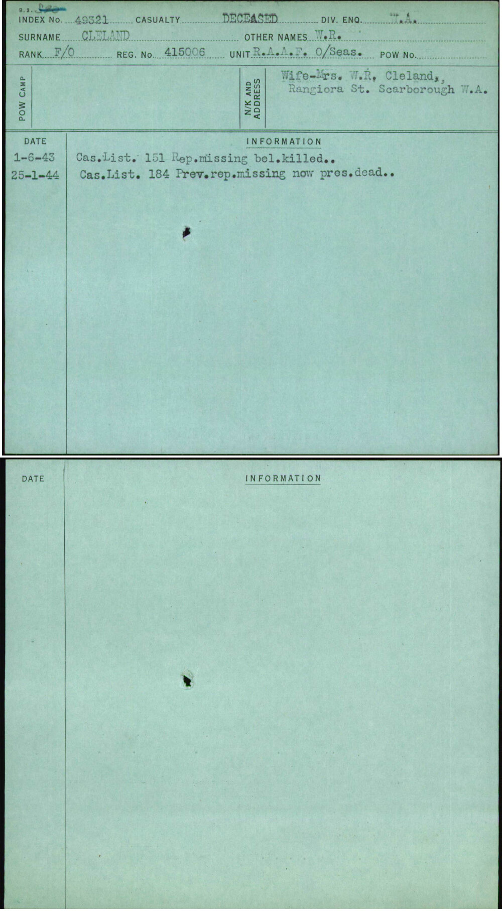 Cleland, W R, 415006