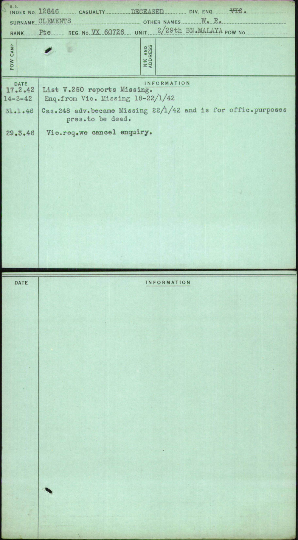 Clements, W R, VX60726