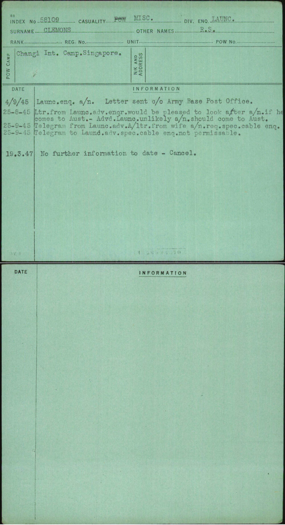 Clemons, R S, [No Service Number]