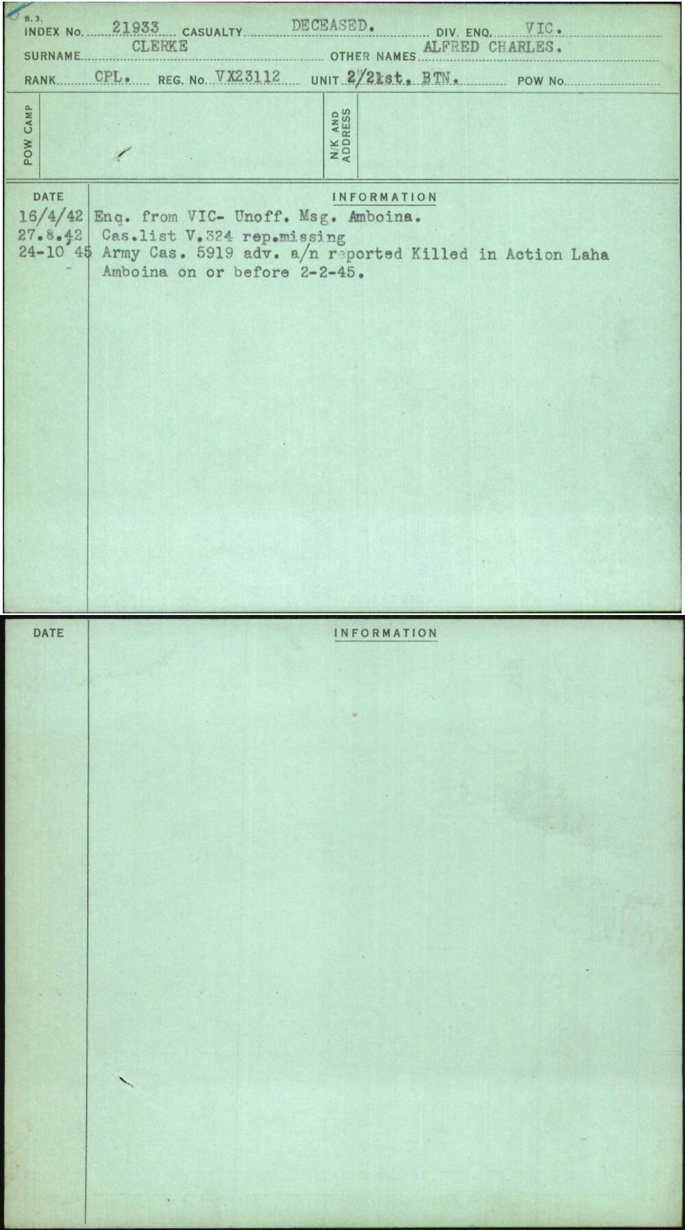 Clerke, Alfred Charles, VX23112