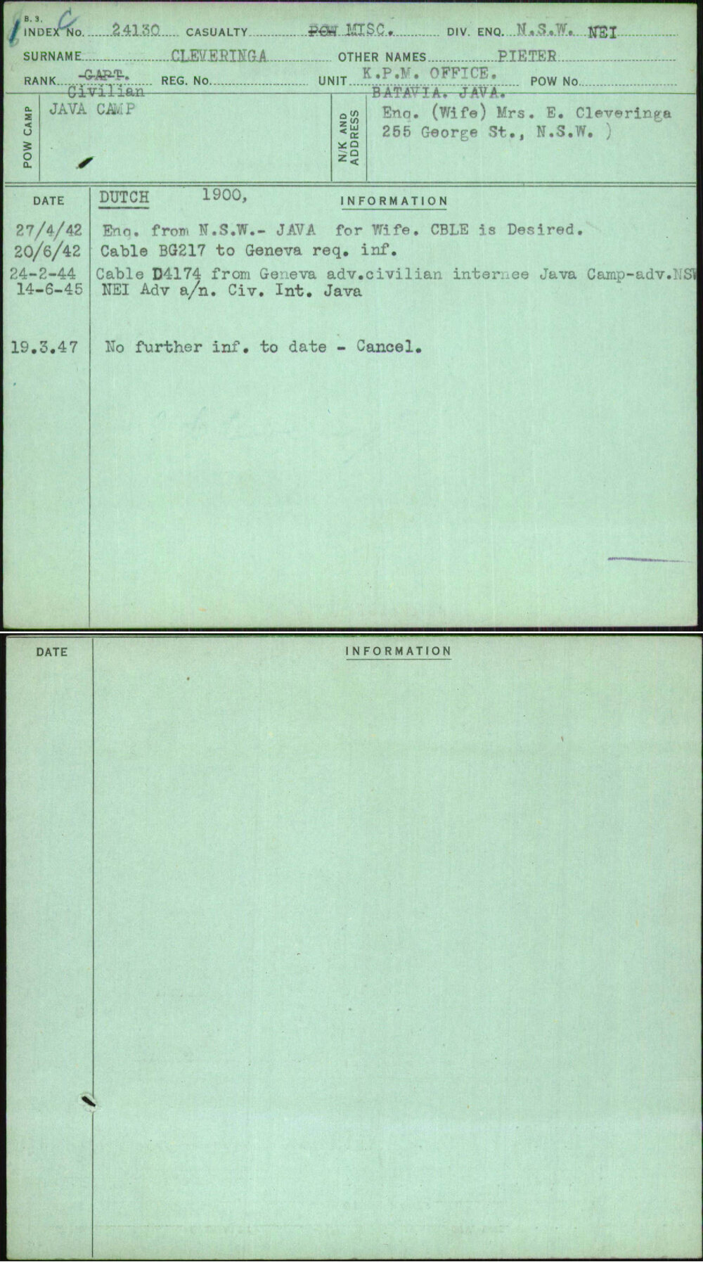 Cleveringa, Pieter, [No Service Number]