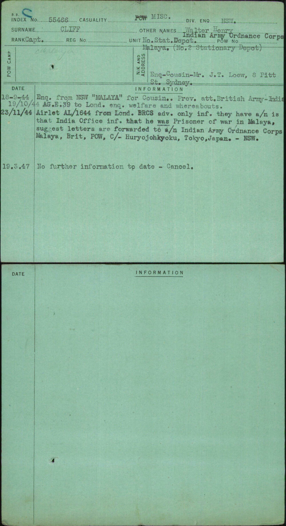 Cliff, Walter Henry, [No Service Number]