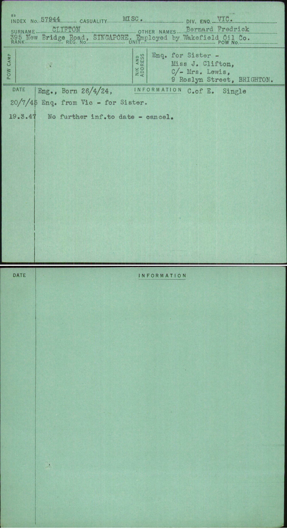 Clifton, Bernard Fredrick, [No Service Number]