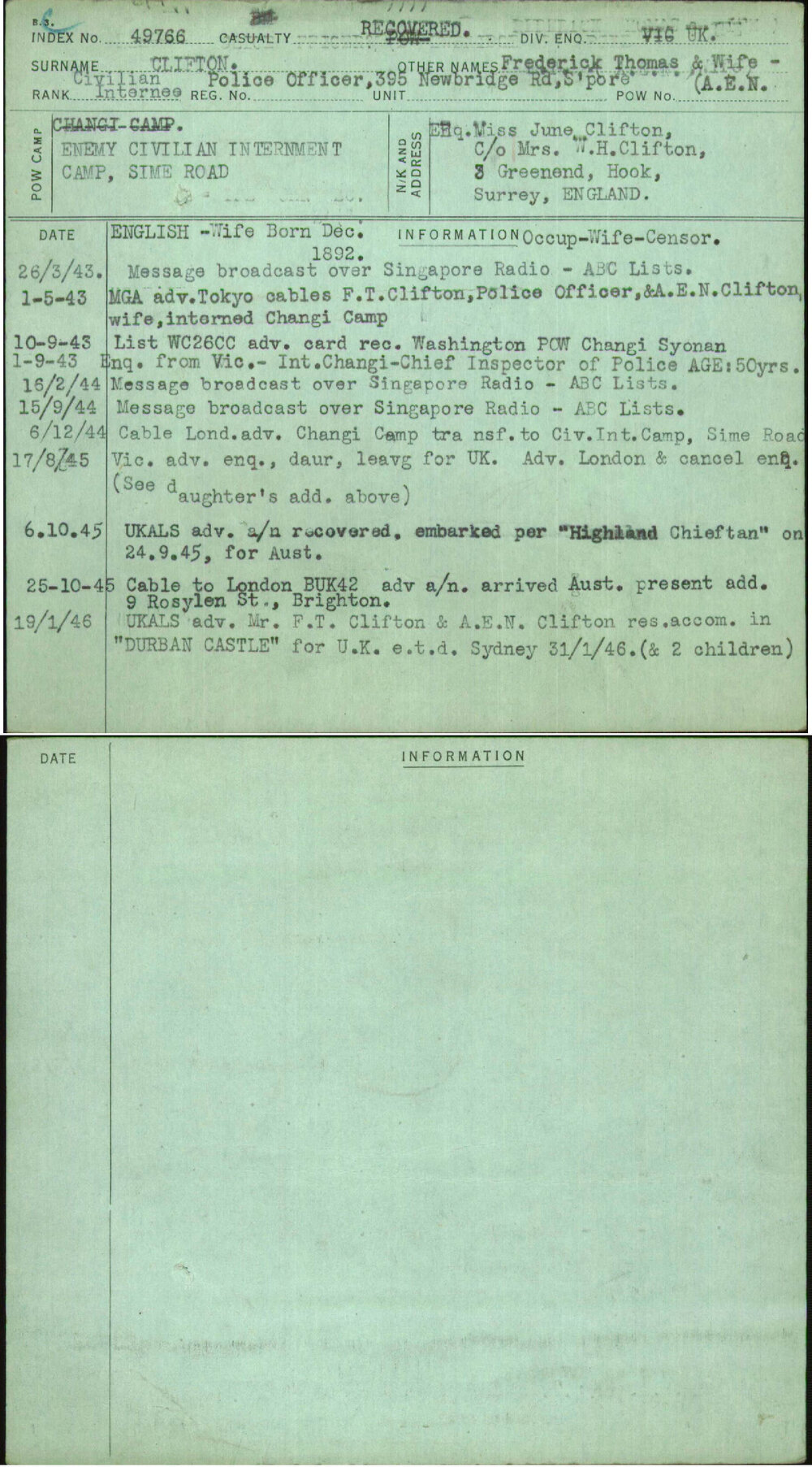 Clifton, Frederick Thomas &amp; Wife-(A E N, [No Service Number]