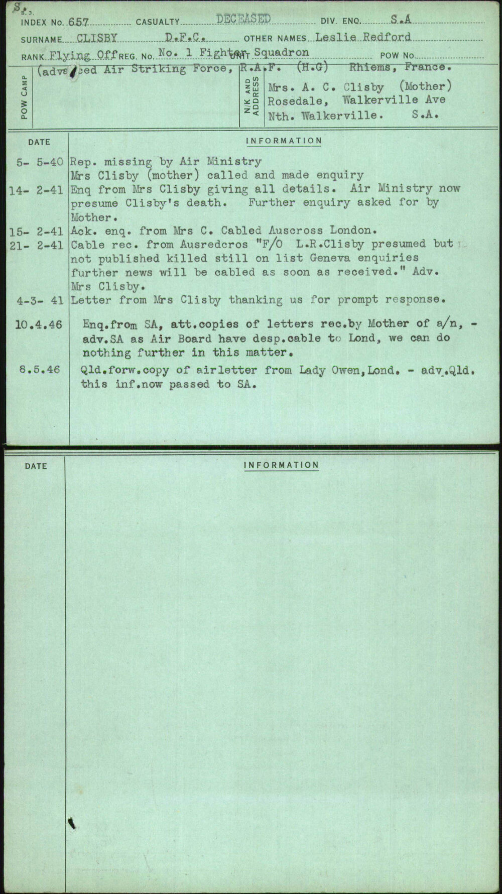 Clisby Dfc, Leslie Redford, [No Service Number]