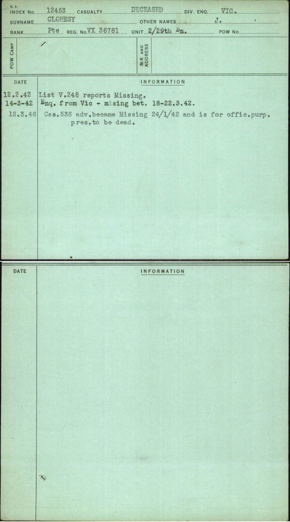 Clohesy, J, VX36781