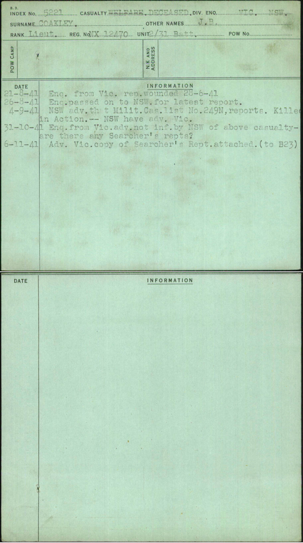 Coakley, J B, NX12470