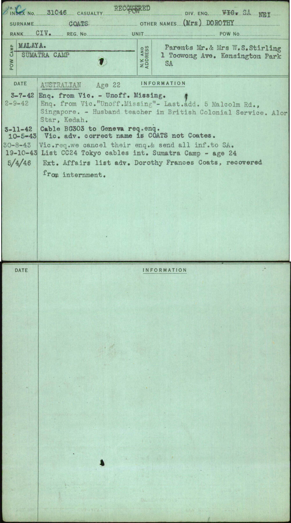 Coats, (Mrs) Dorothy, [No Service Number]