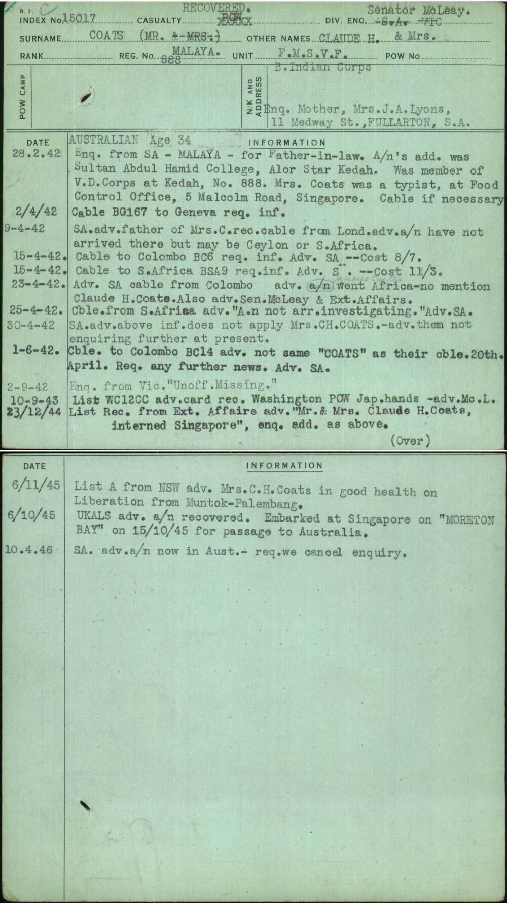Coats (Mr), Claude H &amp; Mrs, Malaya 888