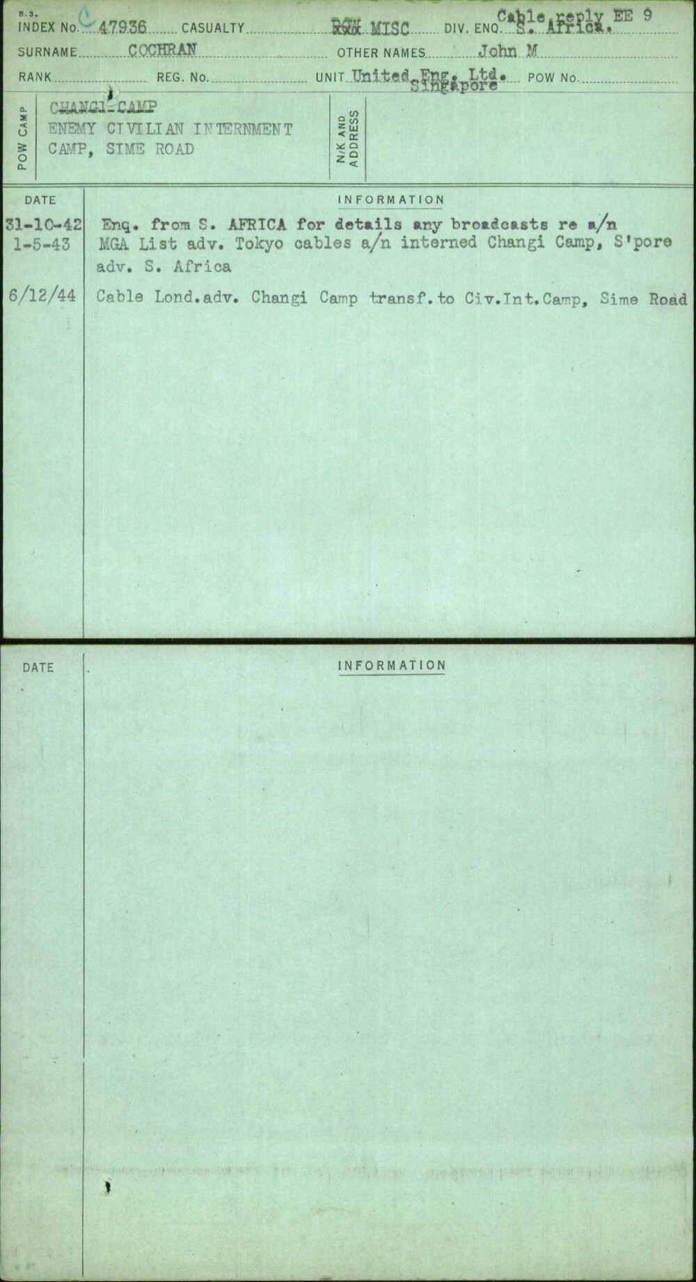 Cochran, John M, [No Service Number]
