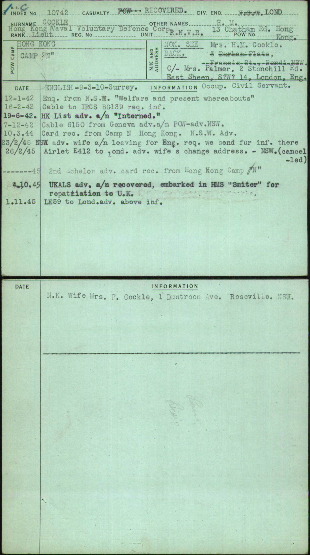 Cockle, H M, [No Service Number]