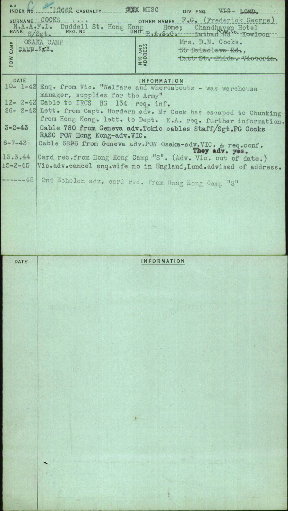 Cocks, F G (Frederick George), [No Service Number]