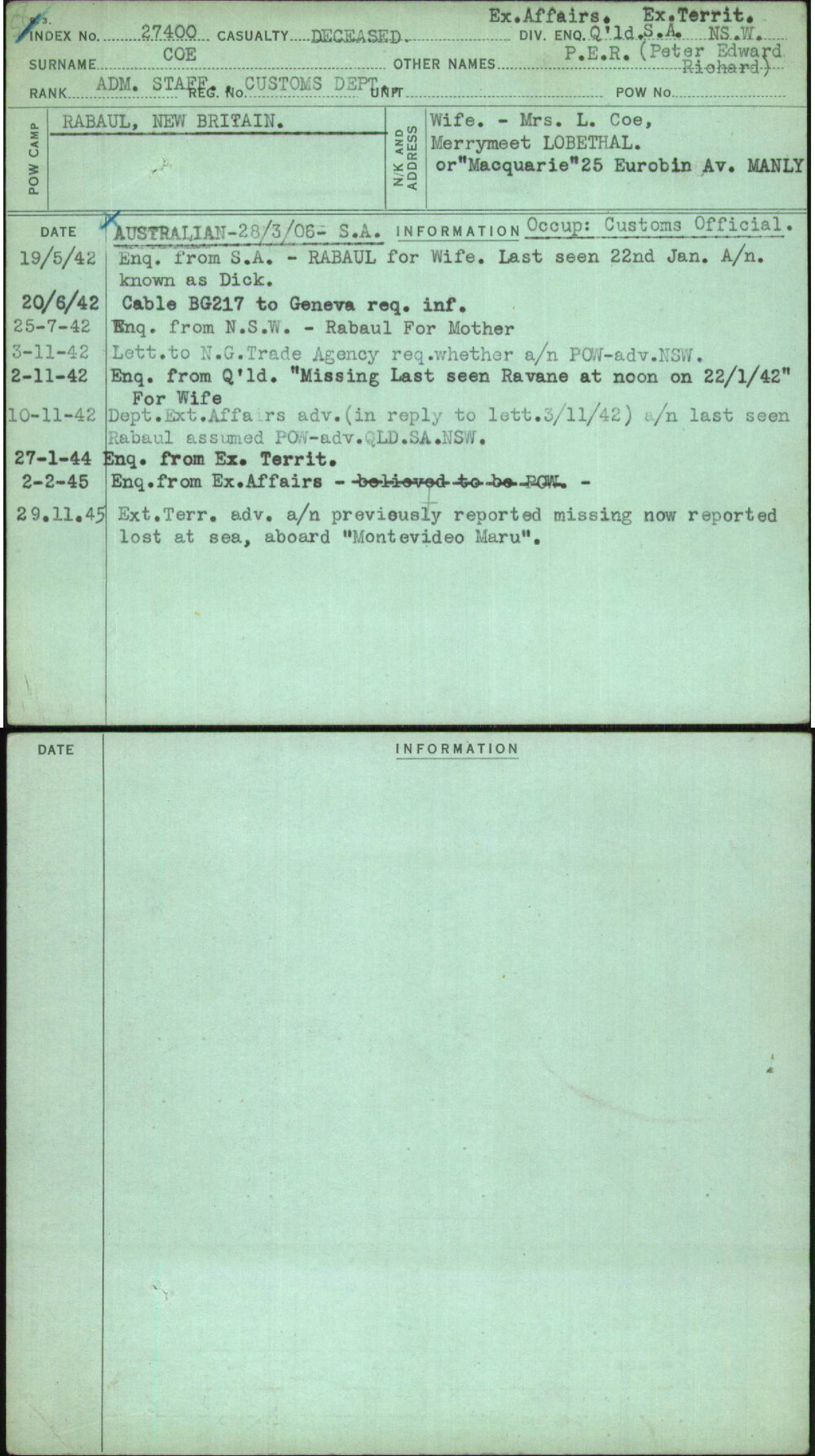Coe, P E R (Peter Edward Riohard), Customs Dept