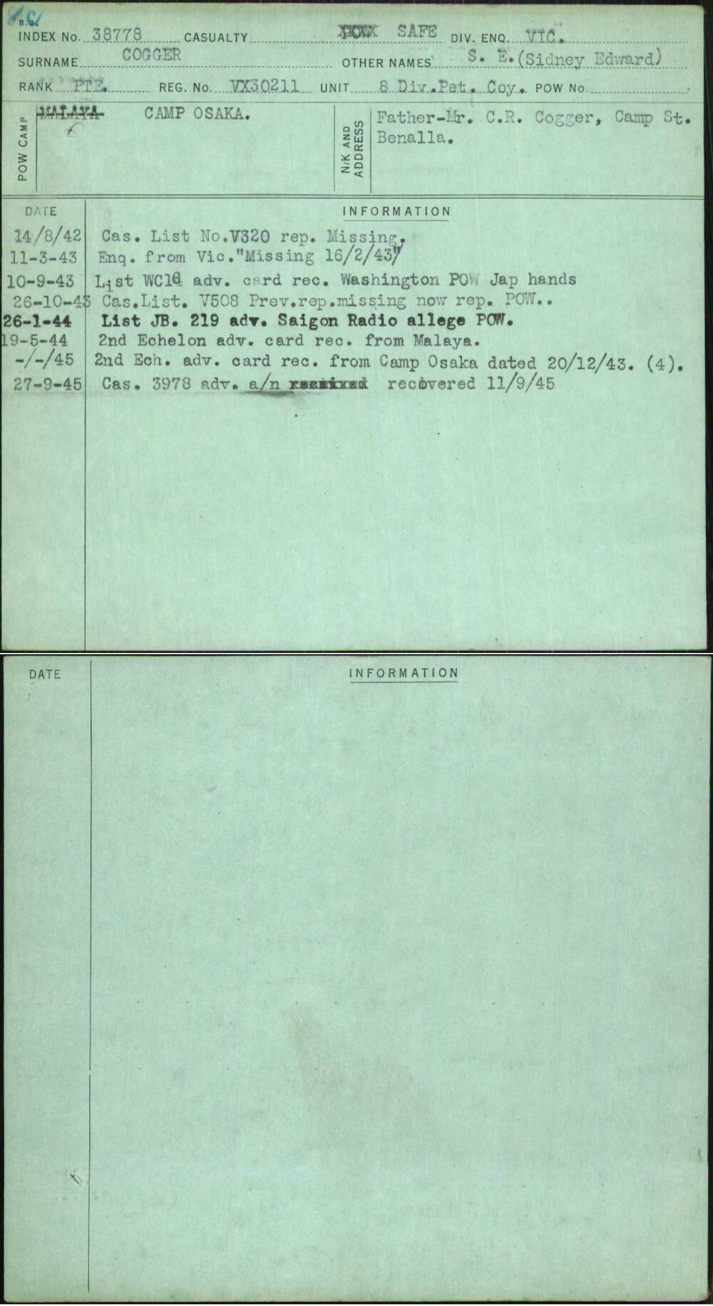 Cogger, S E (Sidney Edward), VX30211