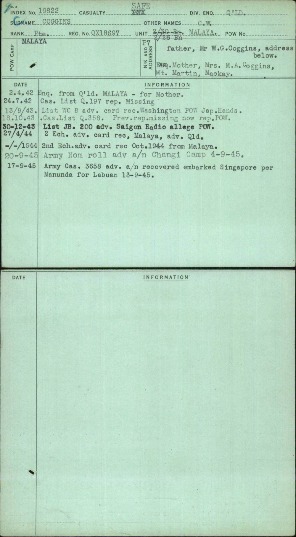 Coggins, C W, QX18697
