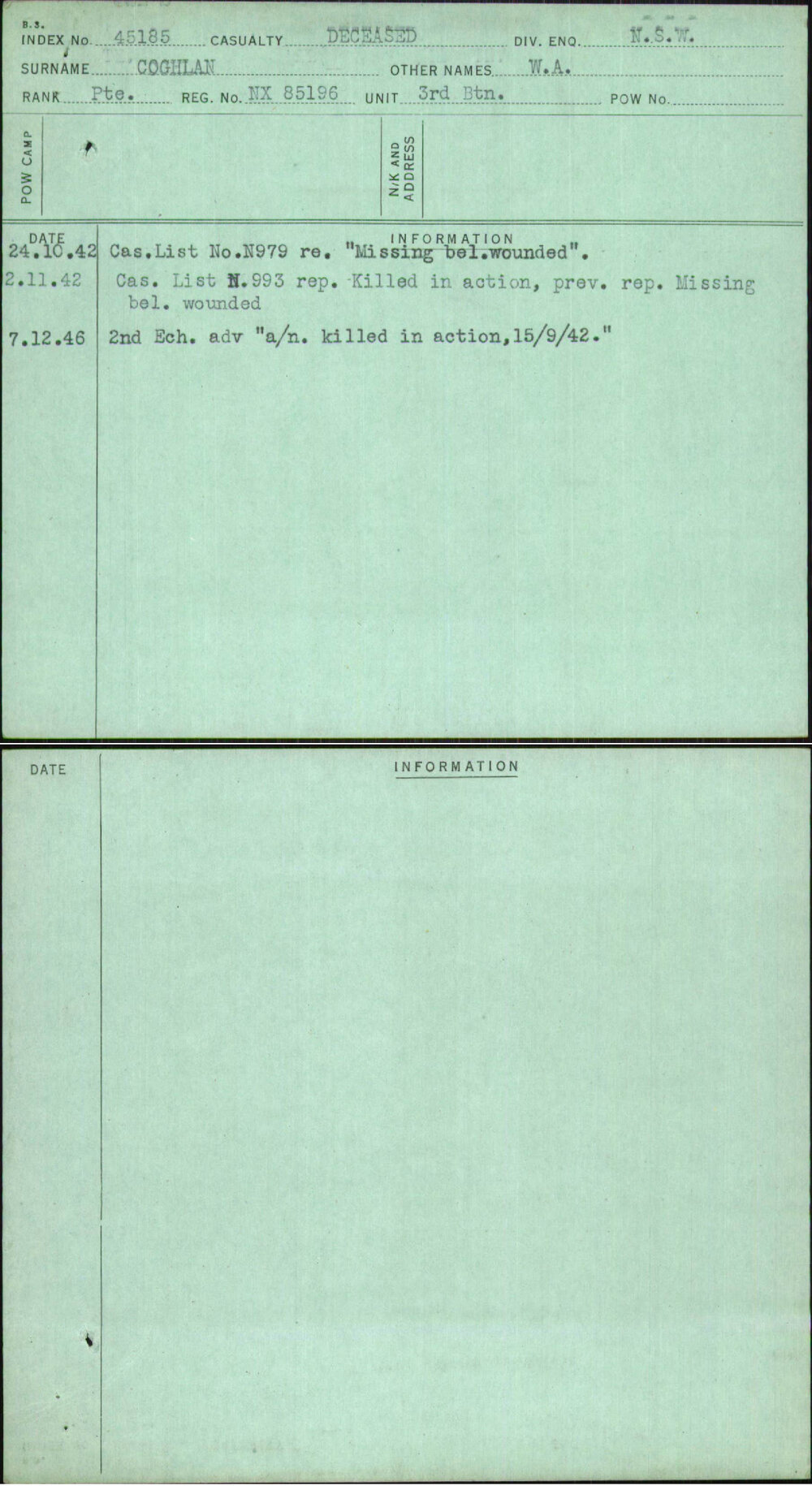 Coghlan, W A, NX85196