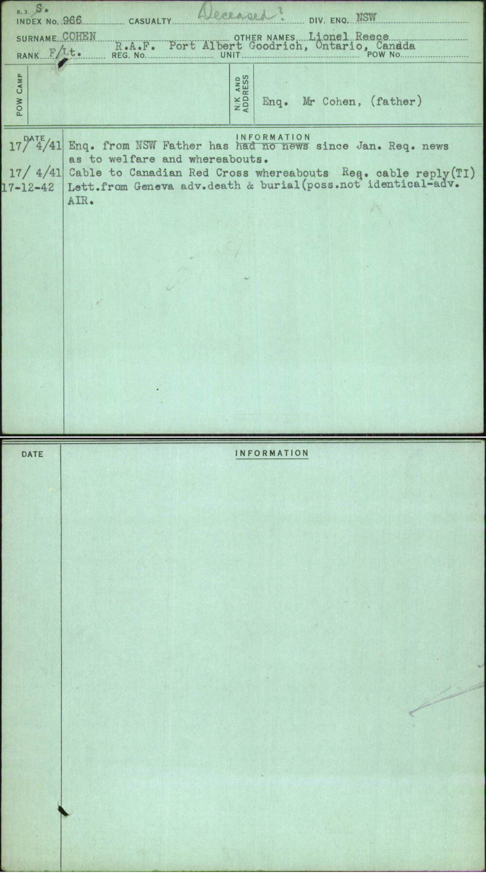 Cohen, Lionel Reece, [No Service Number]