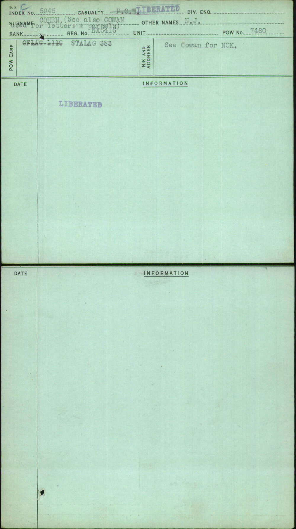 Cohen (See Also Cowan Used For Letters &amp; Parcels), N J, NX6416