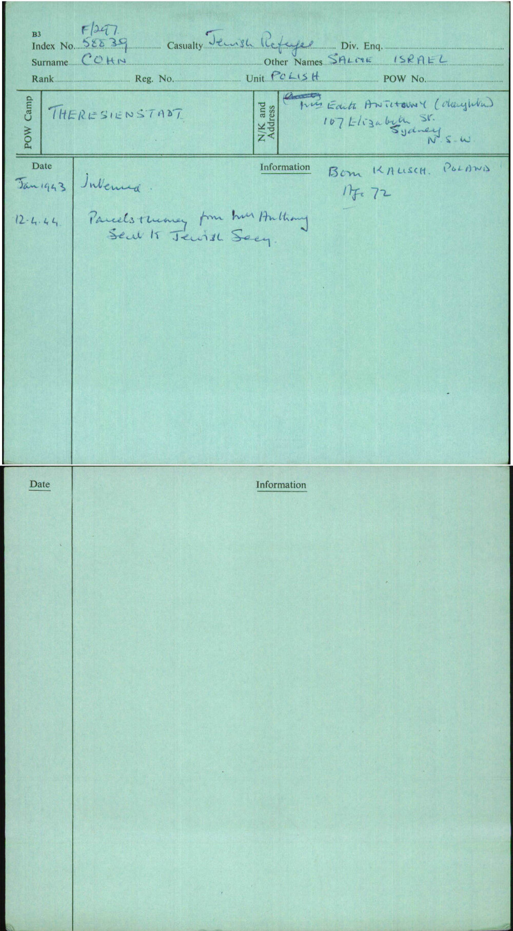 Cohn, Salme Israel, [No Service Number]