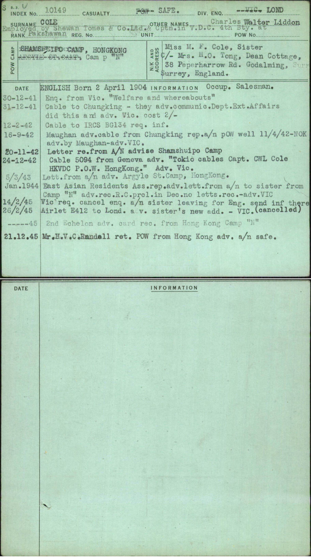 Cole, Charles Walter Liddon, [No Service Number]