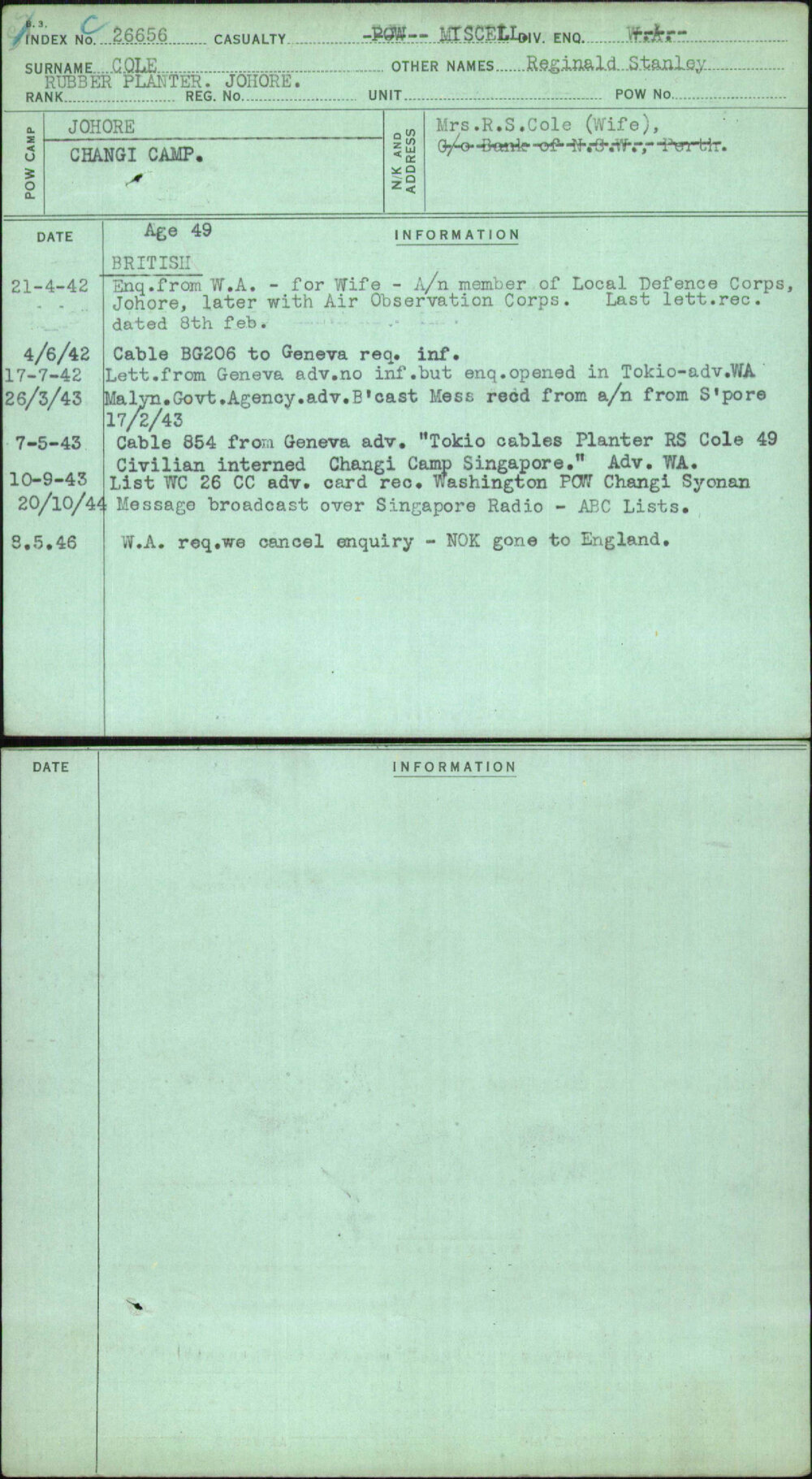 Cole, Reginald Stanley, [No Service Number]
