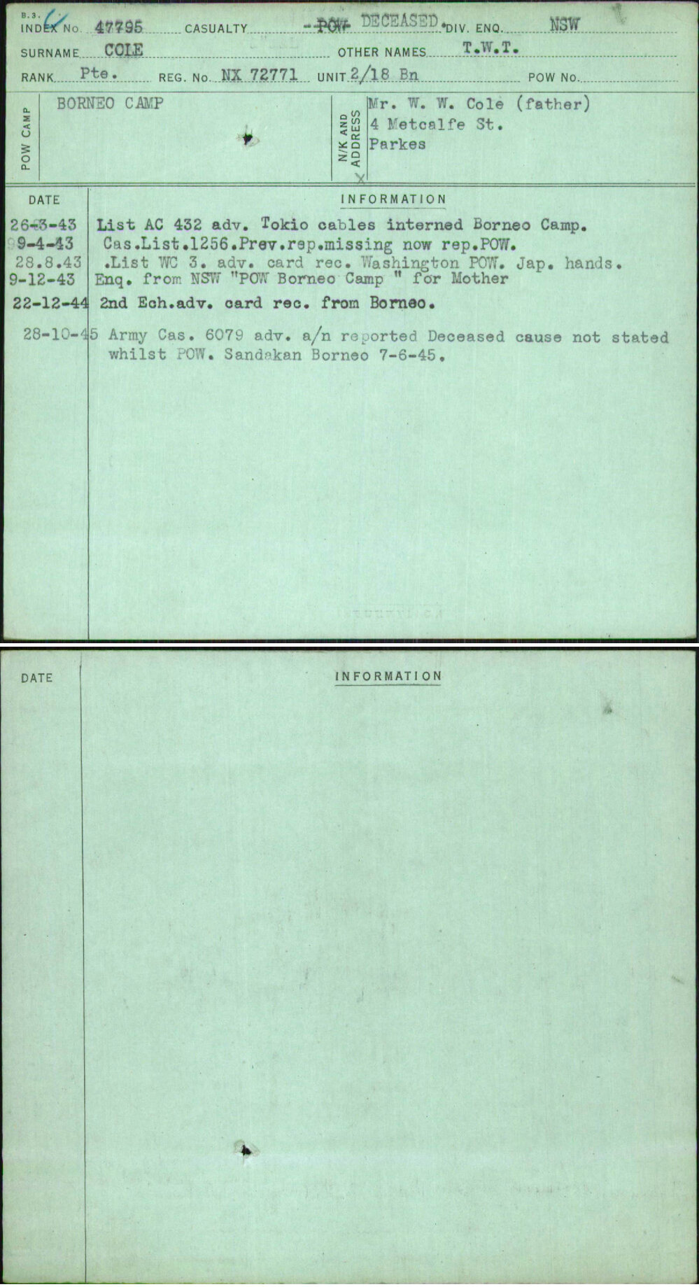 Cole, T W T, NX72771