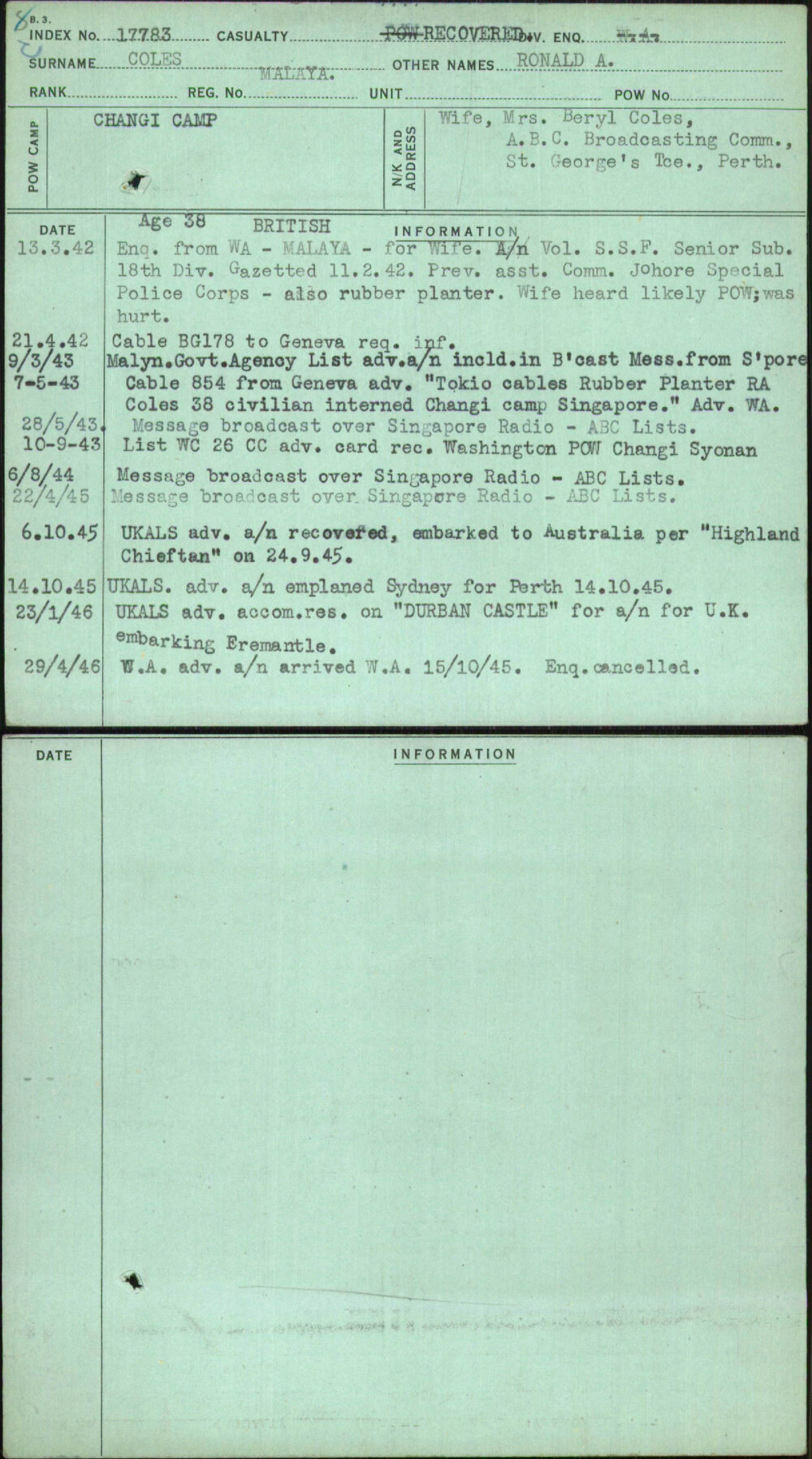 Coles, Ronald A, Malaya