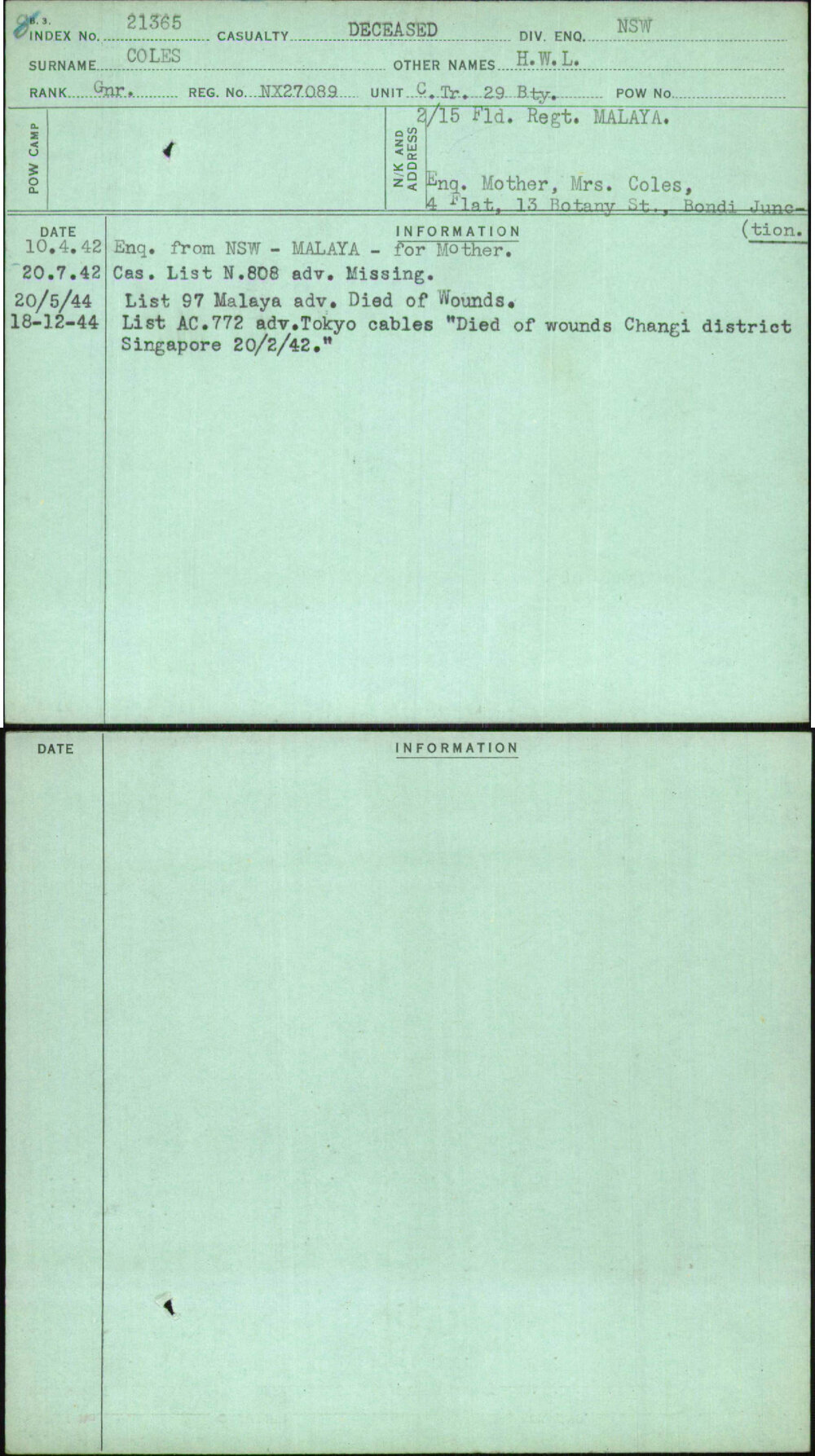 Coles, H W L, NX27089