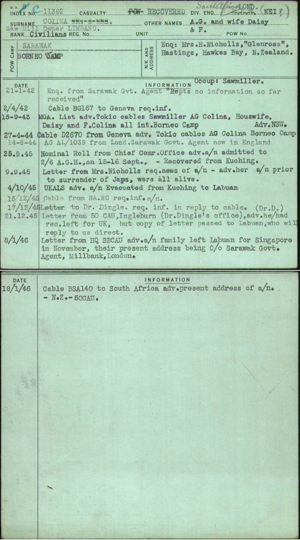 Colina, A G And Wife Daisy &amp; F, [No Service Number]