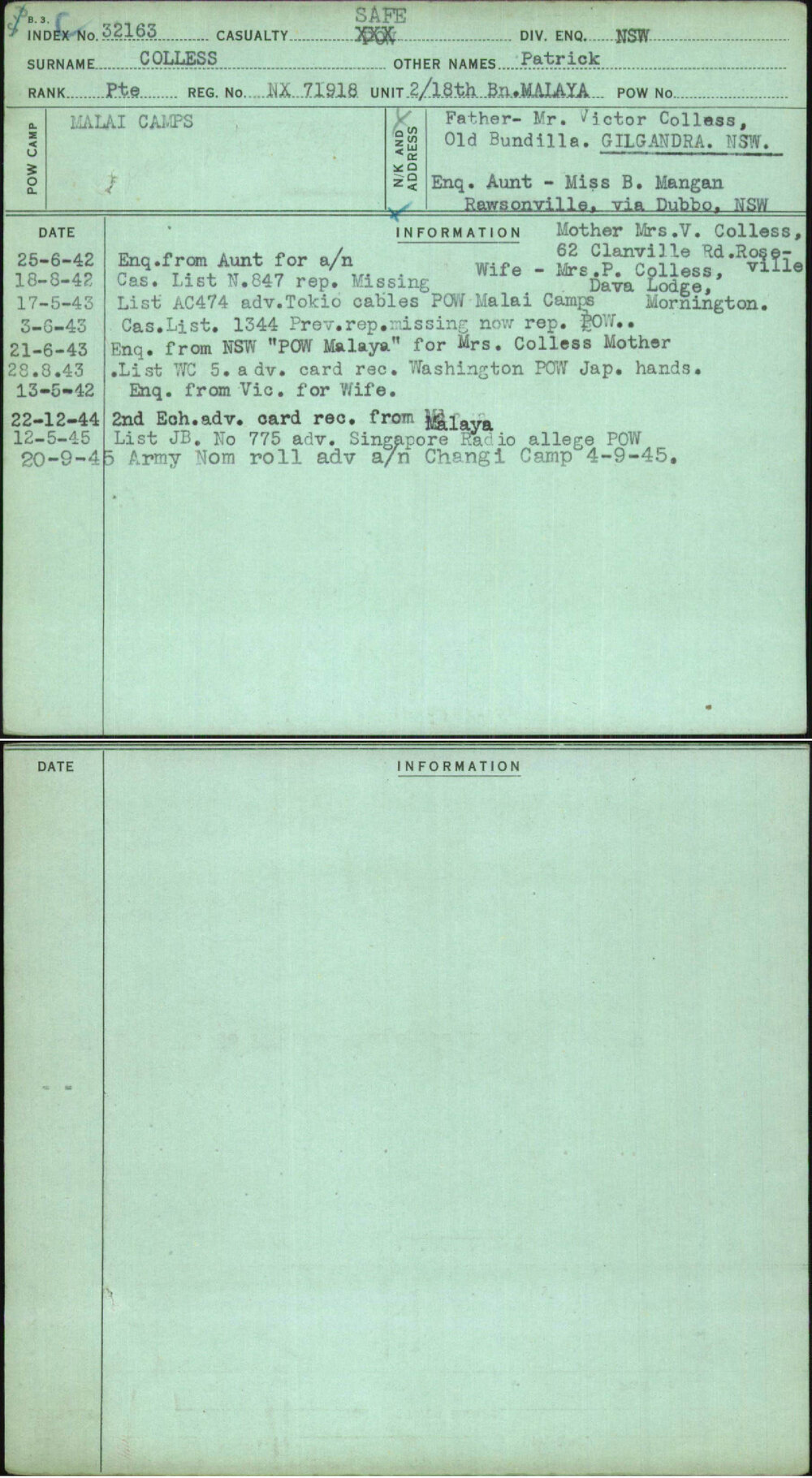 Colless, Patrick, NX71918