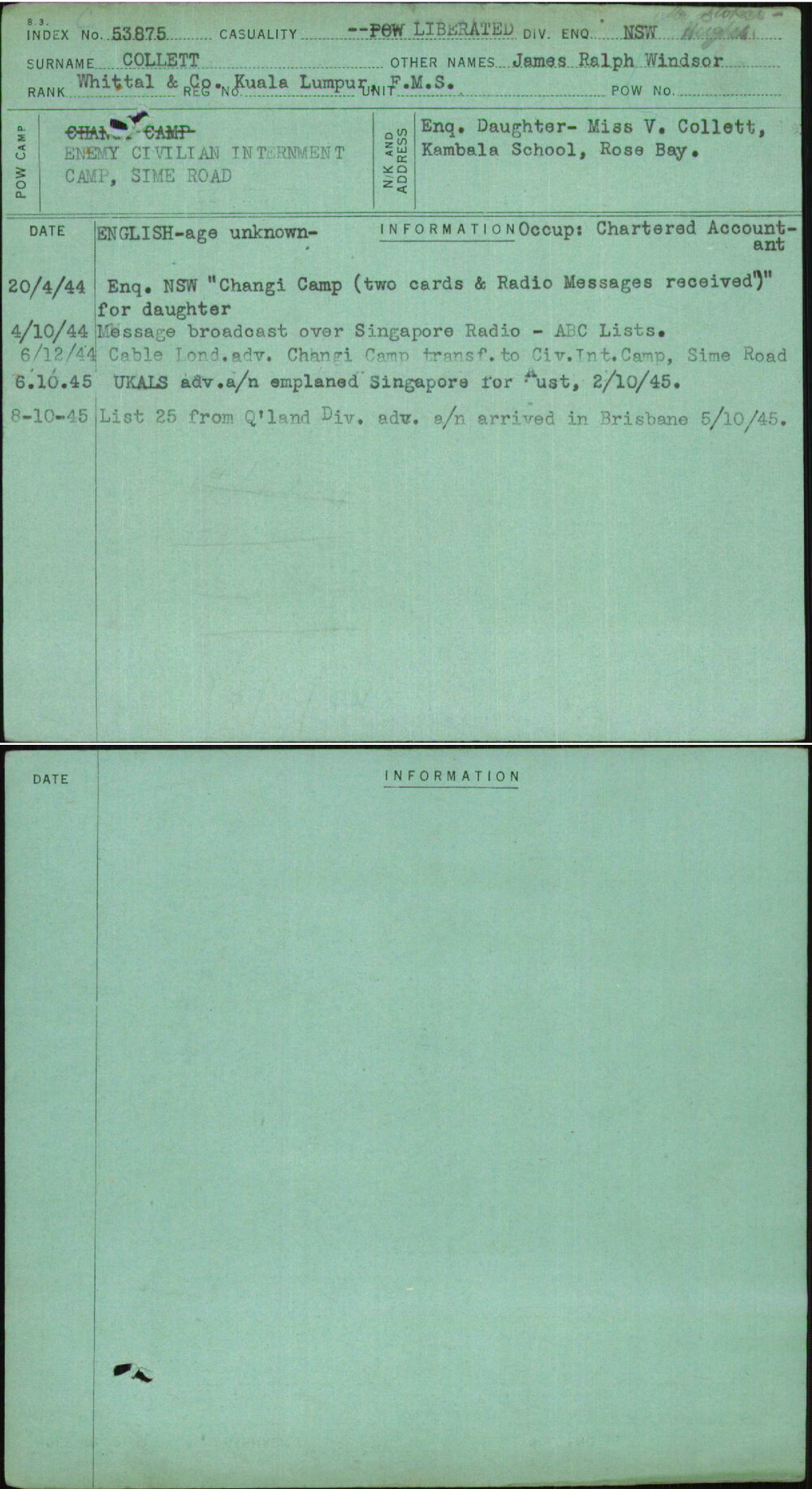 Collett, James Ralph Windsor, [No Service Number]