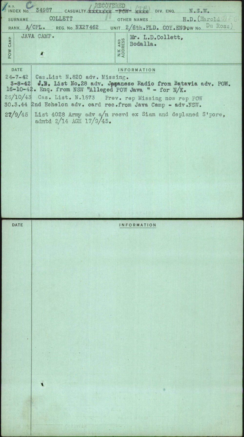 Collett, H D (Harold Du Ross), NX27462