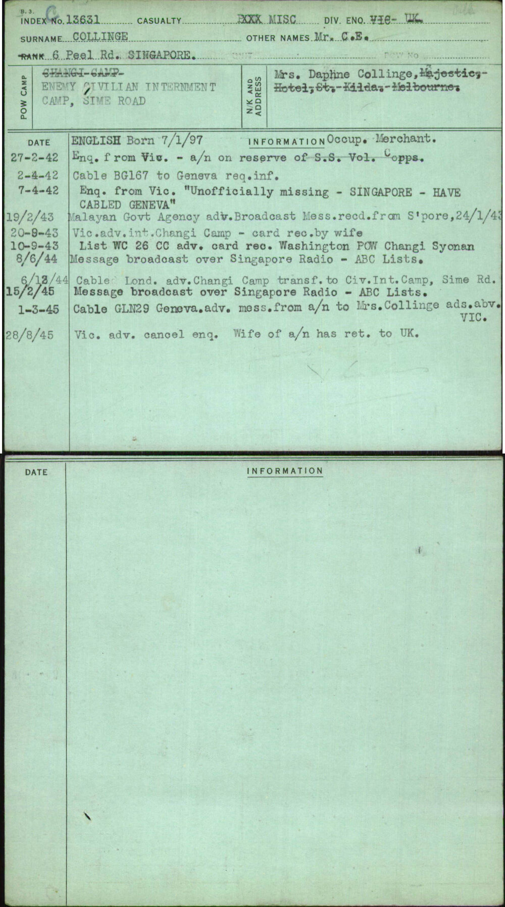 Collinge, Mr C E, [No Service Number]