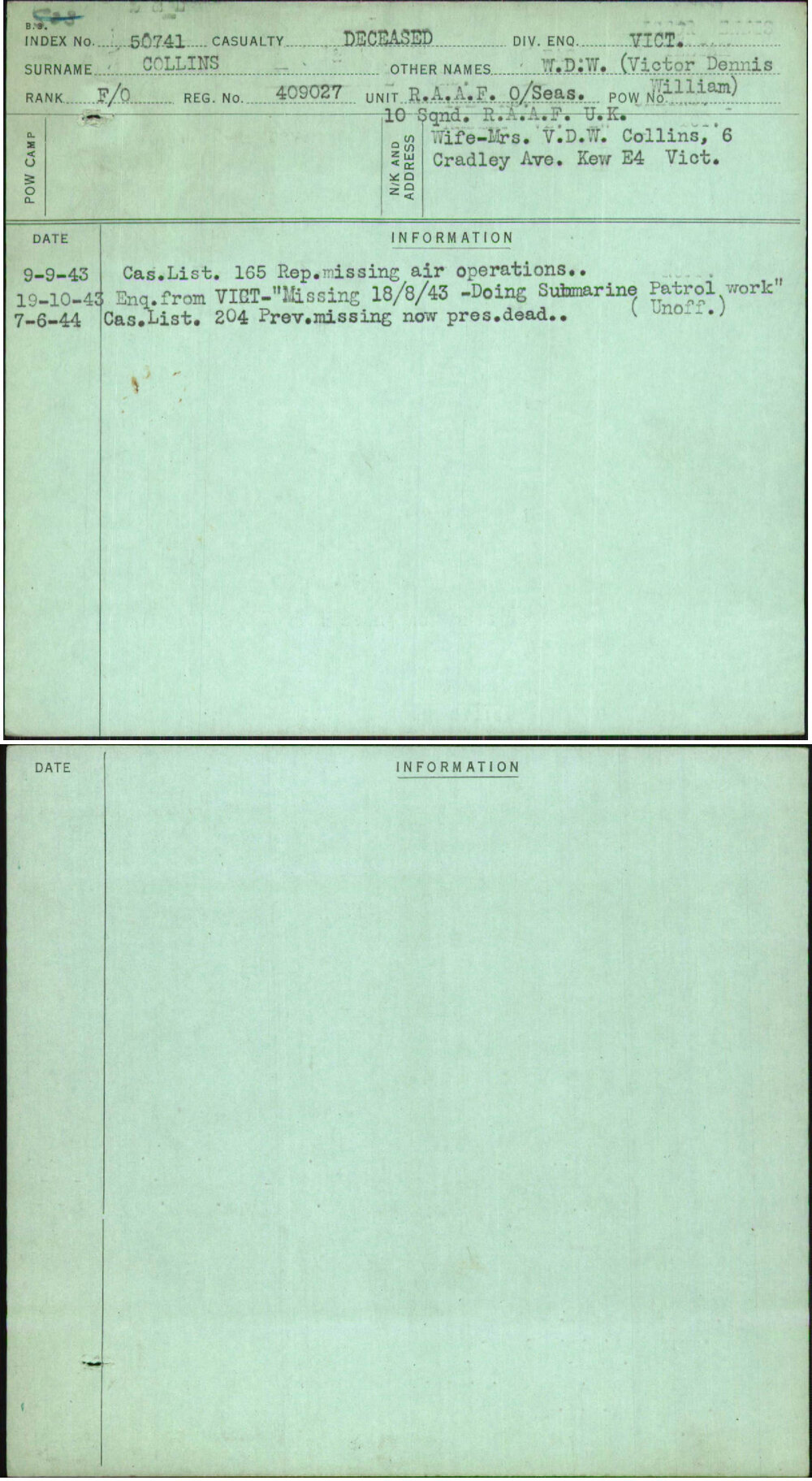 Collins, W D W (Victor Dennis William), 409027