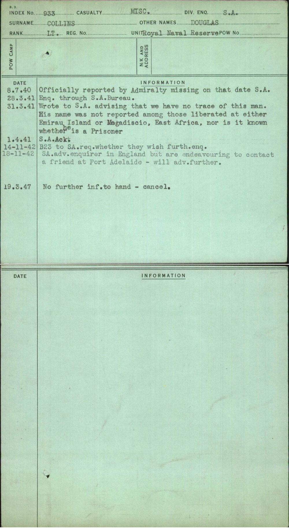 Collins, Douglas, [No Service Number]
