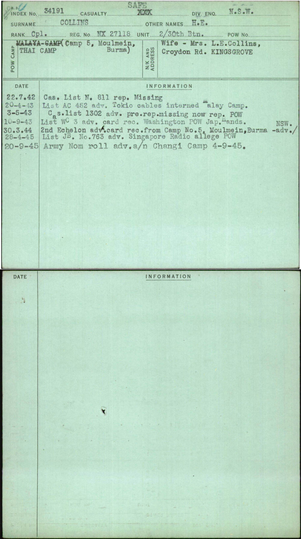 Collins, H E, NX27118