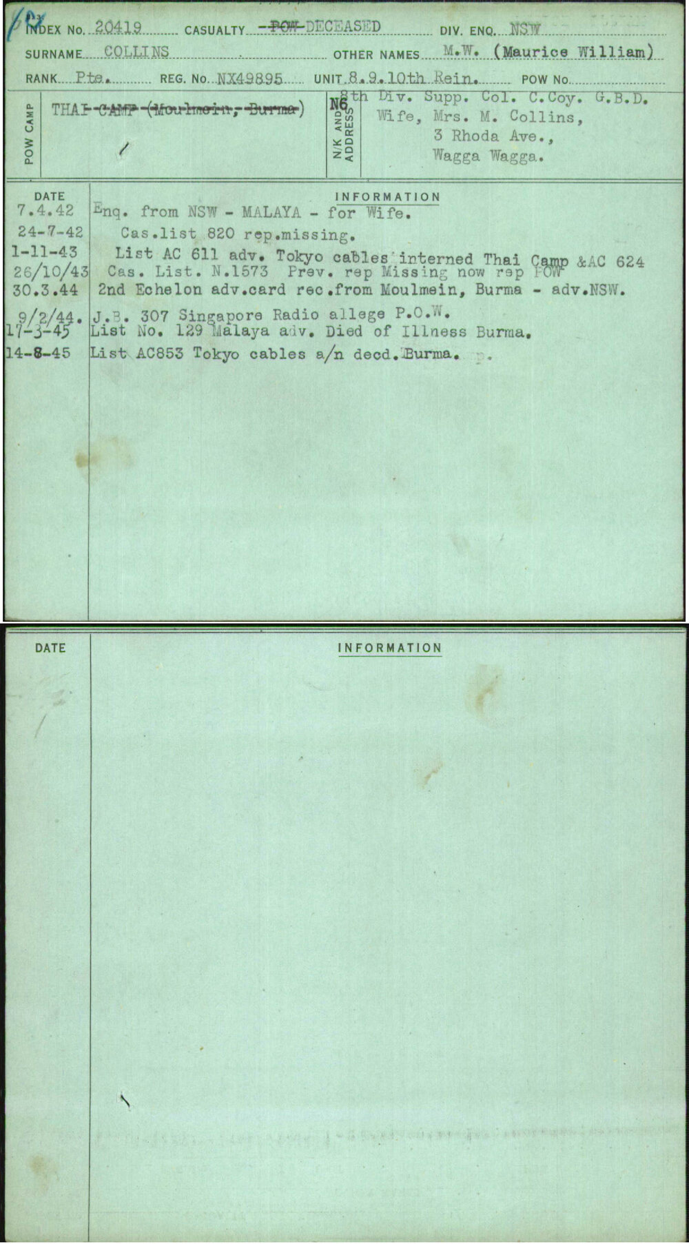 Collins, M W (Maurice William), NX49895