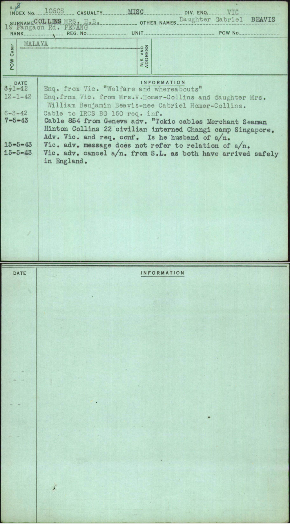 Collins Mrs Hb, Daughter Gabriel Beavis, [No Service Number]